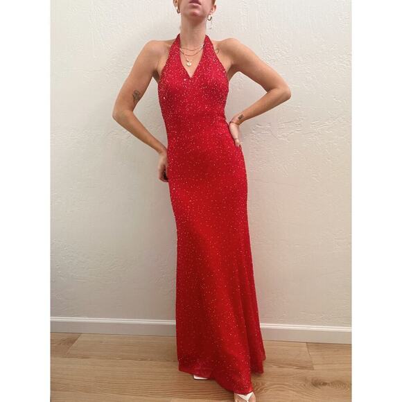 Vintage 1990's 100% Silk Red Beaded Formal Maxi Halter Gown - Picture 3 of 10